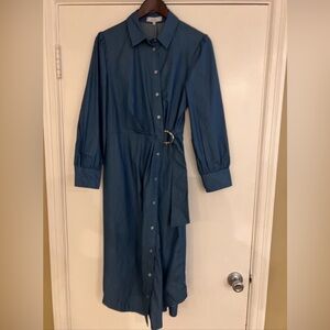 Pearl By Lela Rose Long Sleeve Button Down Belted Dress, Size 12, Blue